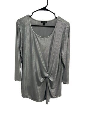 Sami & Jo Large Metallic Silver 3/4 Sleeve Twist Front Top Party Nightcore Glam